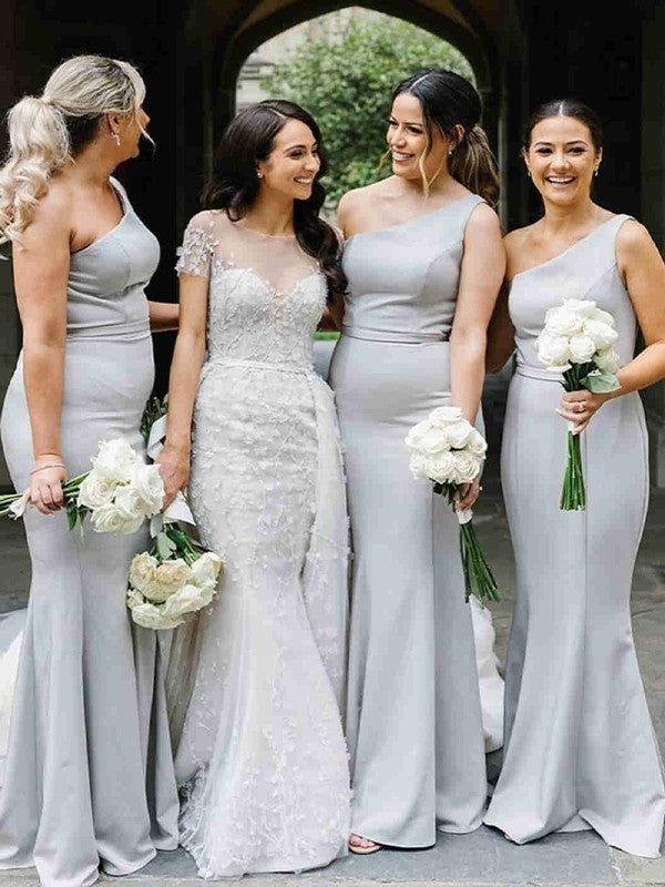 Trumpet/Mermaid Stretch Crepe Ruched One-Shoulder Sleeveless Floor-Length Bridesmaid Dress