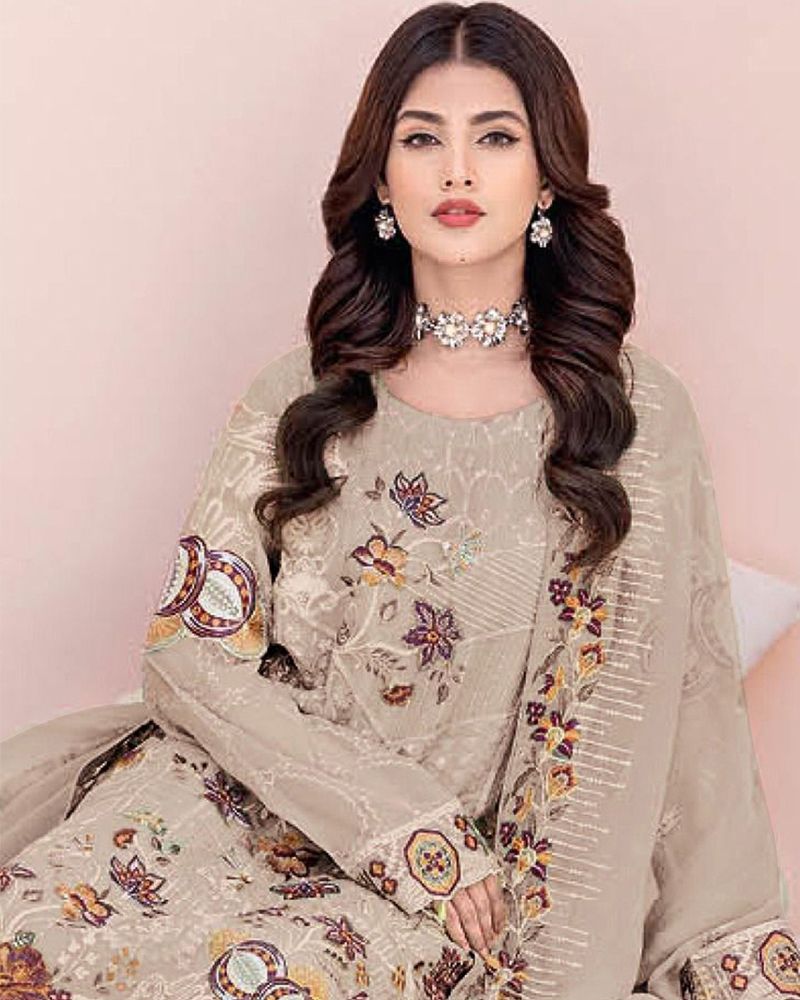 Beige Color Faux Georgette Sequins Pakistani Suit