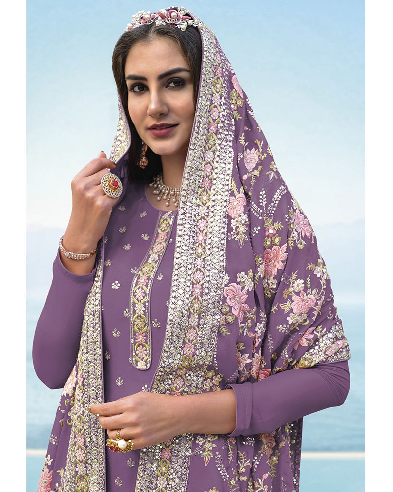 Purple Georgette Semi-Stitched Straight Suit