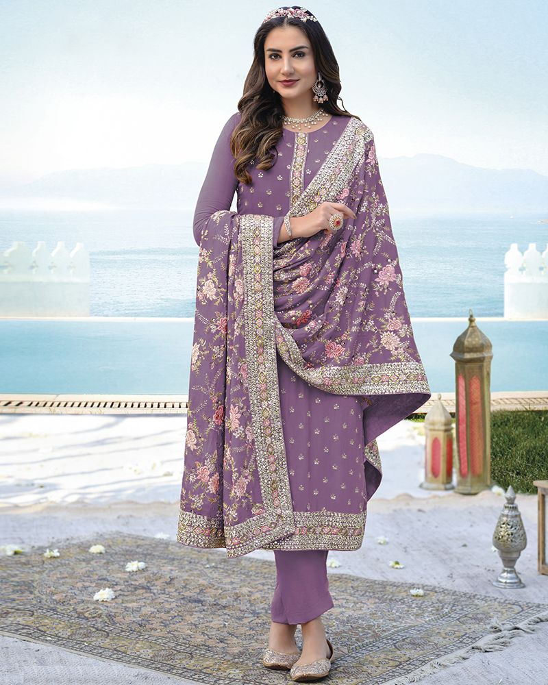 Purple Georgette Semi-Stitched Straight Suit