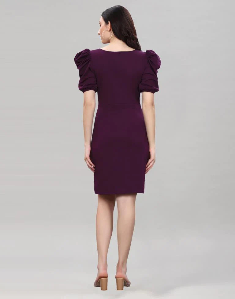 Wine Puff Sleeve Bodycon Dress