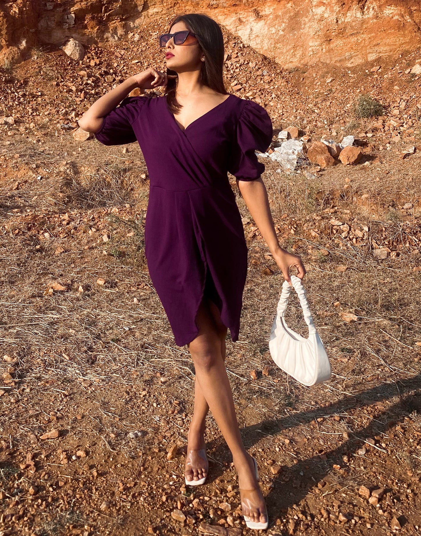 Wine Puff Sleeve Bodycon Dress