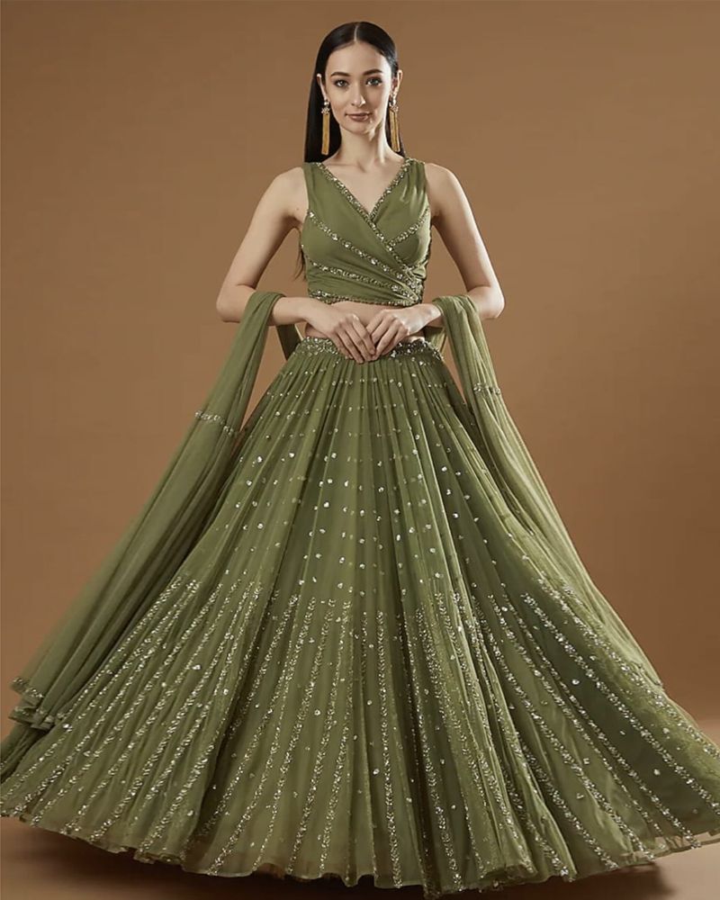 Olive Green Georgette Cording Designer Lehenga Choli