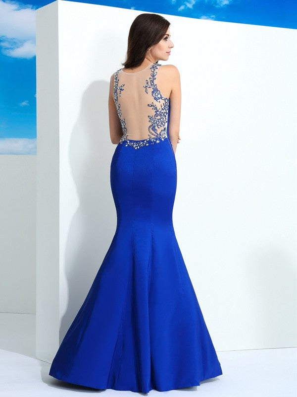 Sheath/Column Sheer Neck Beading Sleeveless Long Satin Dress