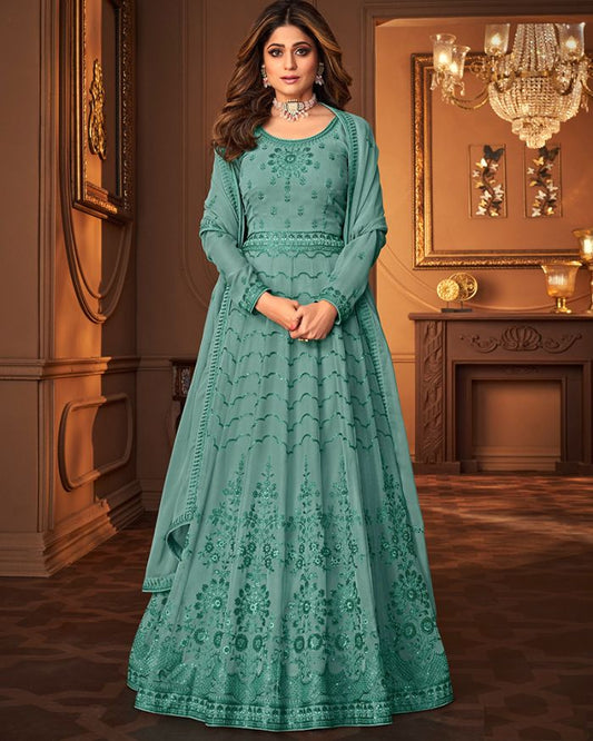 Sea Blue Georgette Designer Anarkali Gown