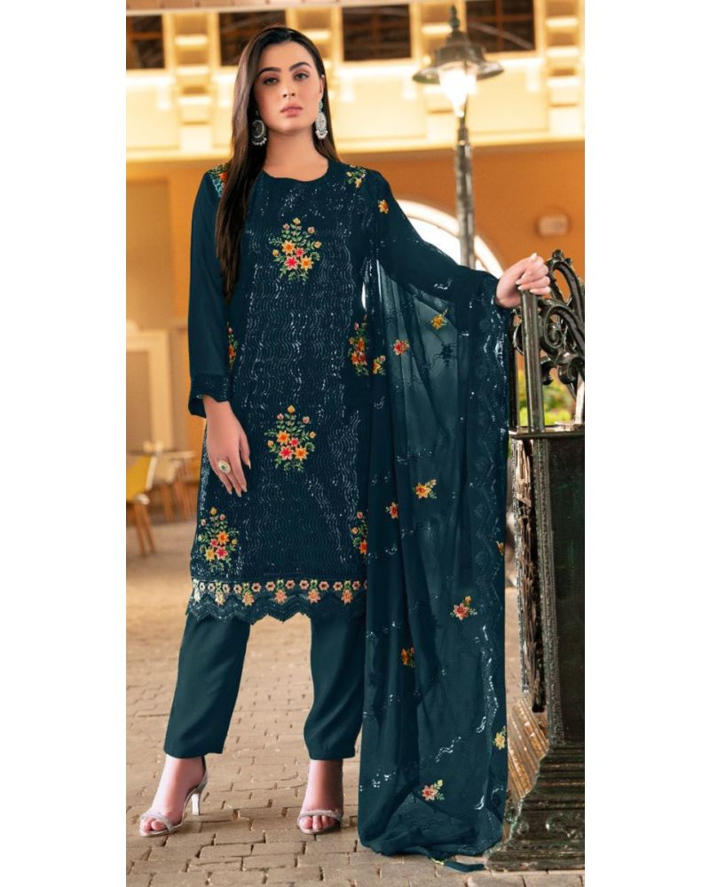 Aqua Blue Color Faux Georgette Embroidery Pakistani Suit