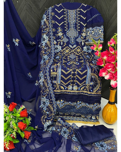 Blue Color Faux Georgette Embroidery Pakistani Suit