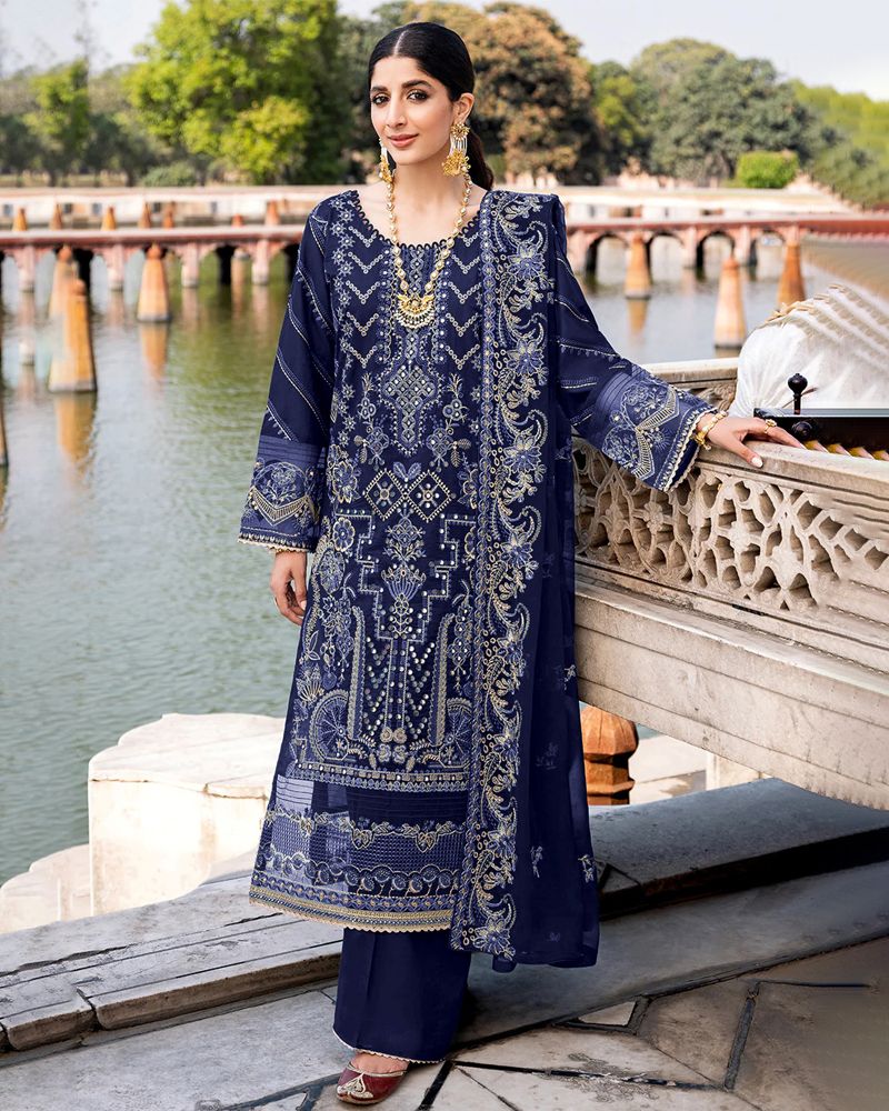 Blue Color Faux Georgette Embroidery Pakistani Suit