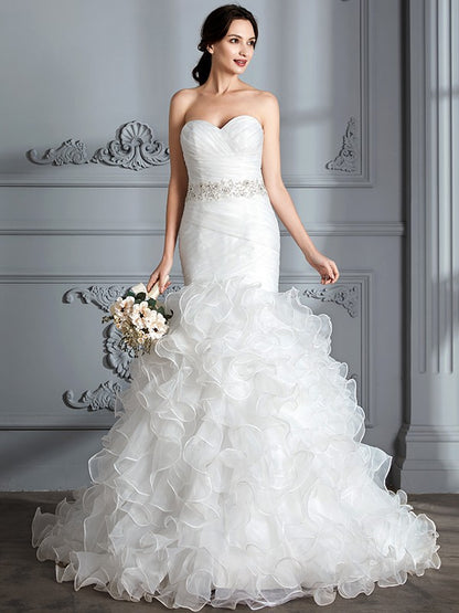 Trumpet/Mermaid Sweetheart Sleeveless Ruffle Sweep/Brush Train Satin Wedding Dresses