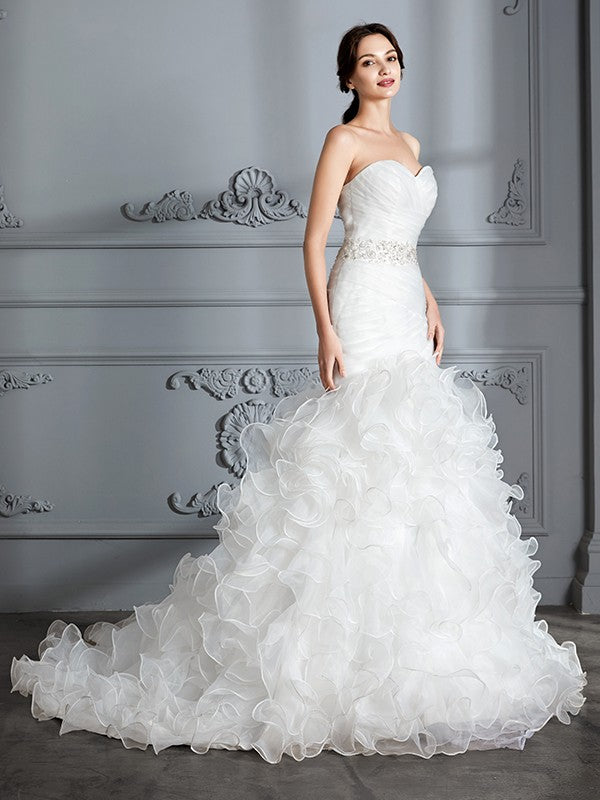 Trumpet/Mermaid Sweetheart Sleeveless Ruffle Sweep/Brush Train Satin Wedding Dresses