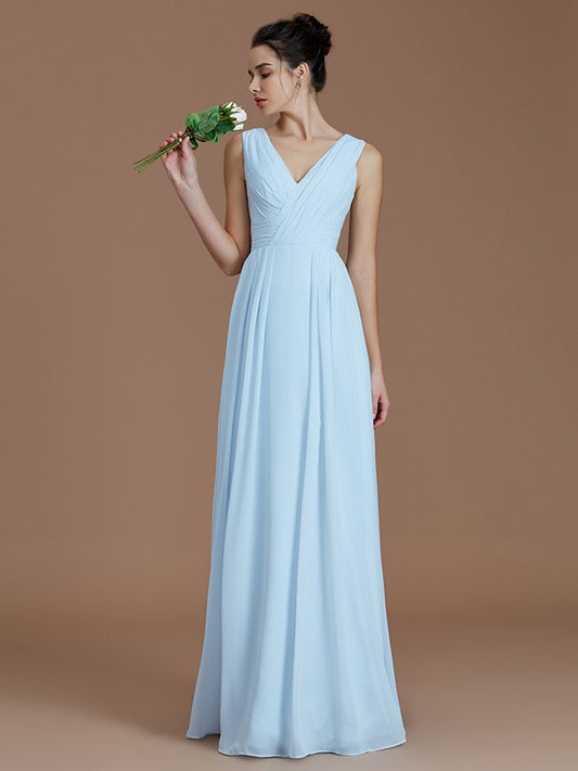 A-Line/Princess V-neck Sleeveless Ruched Floor-Length Chiffon Bridesmaid Dress