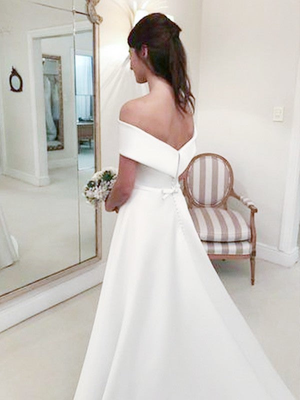 A-Line/Princess Off-the-Shoulder Sleeveless Sweep/Brush Train Ruffles Satin Wedding Dresses