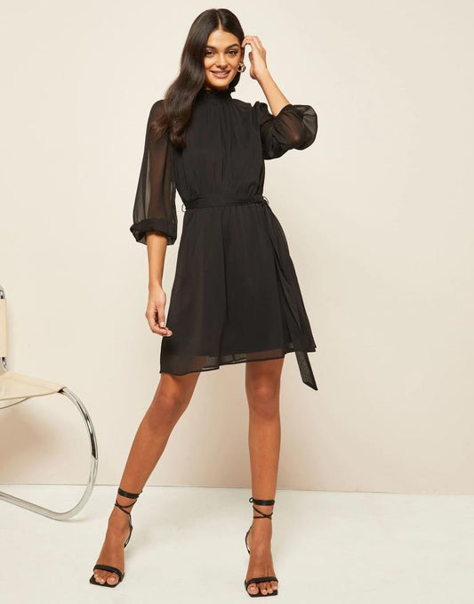 Black Plain Flared Dress With Belt