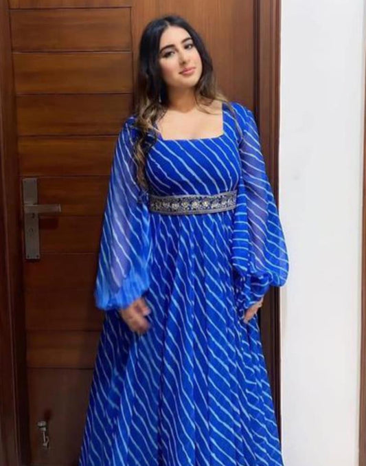 Blue Printed Georgette Flared Dress