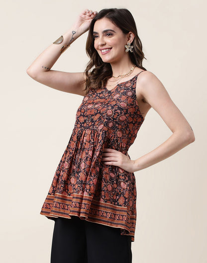 Brown Geathered Printed Top