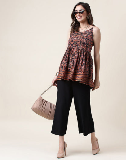 Brown Geathered Printed Top