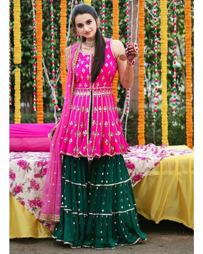 Designer Party Wear Pink And Green Sharara Suit
