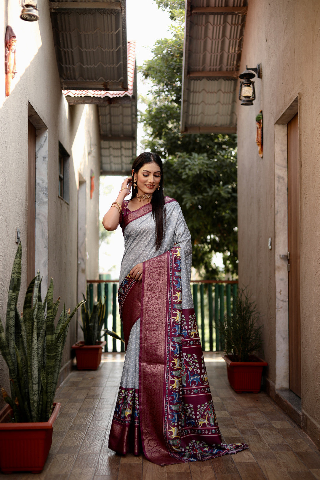 Light Gray dola silk saree with digital kalamkari printed work