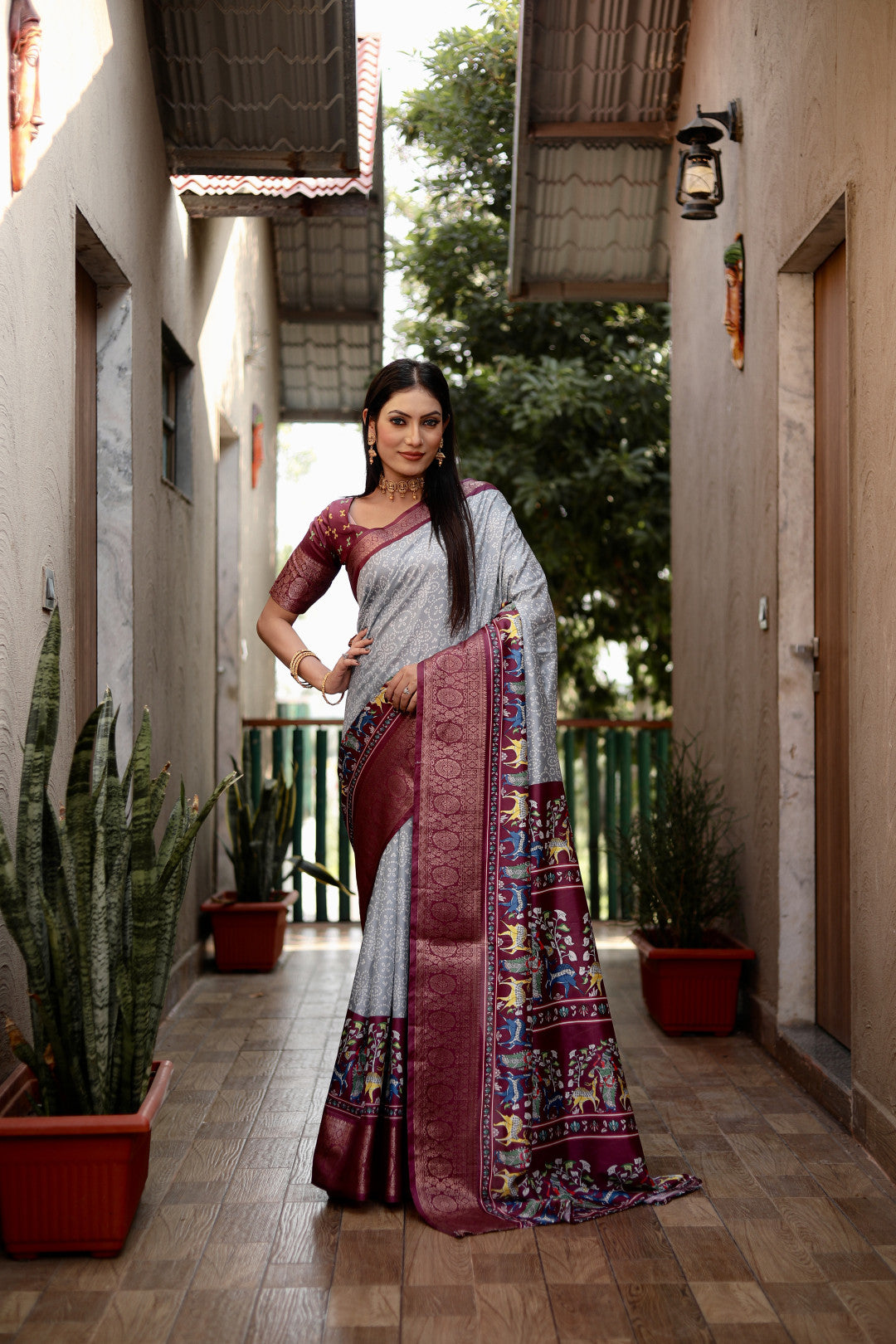 Light Gray dola silk saree with digital kalamkari printed work