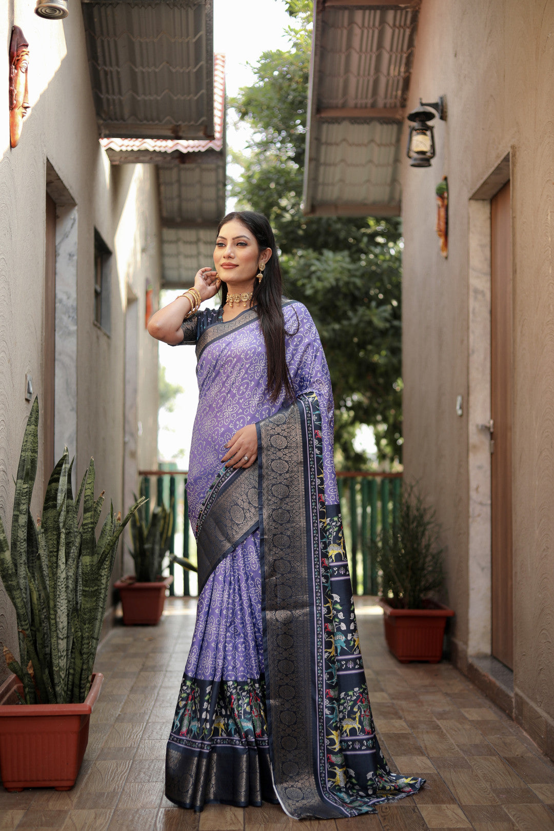 Lavender dola silk saree with digital kalamkari printed work