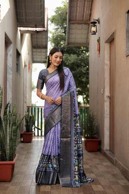 Lavender dola silk saree with digital kalamkari printed work