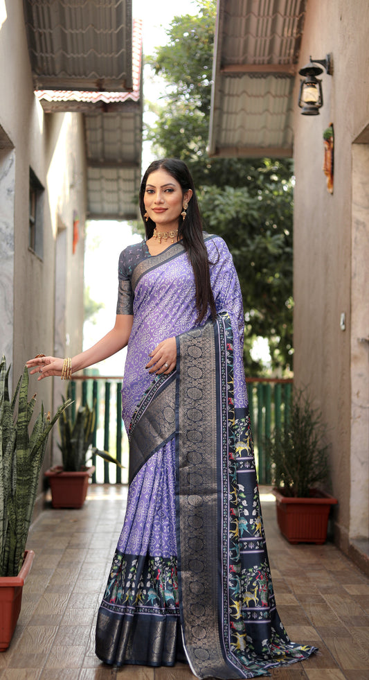 Lavender dola silk saree with digital kalamkari printed work