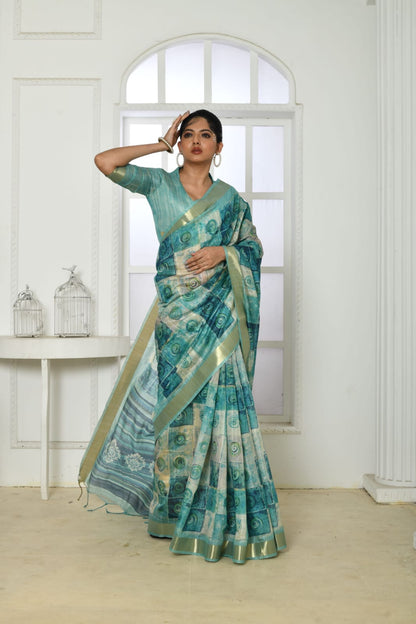 Blue colour tussar silk saree with digital printed work