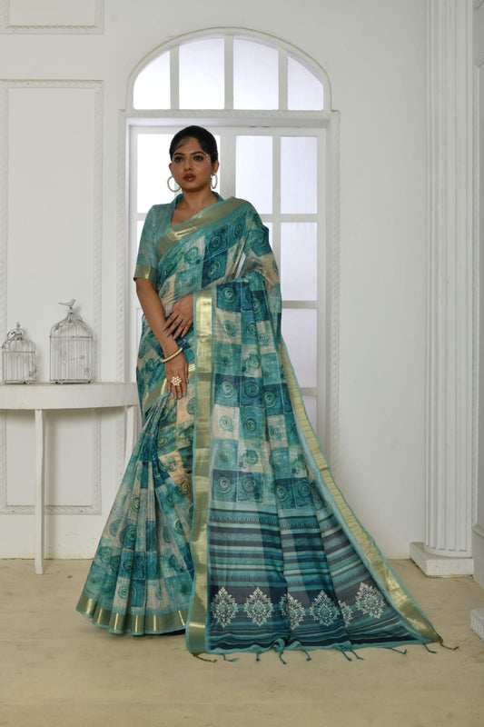 Blue colour tussar silk saree with digital printed work