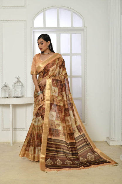 Brown colour tussar silk saree with digital printed work