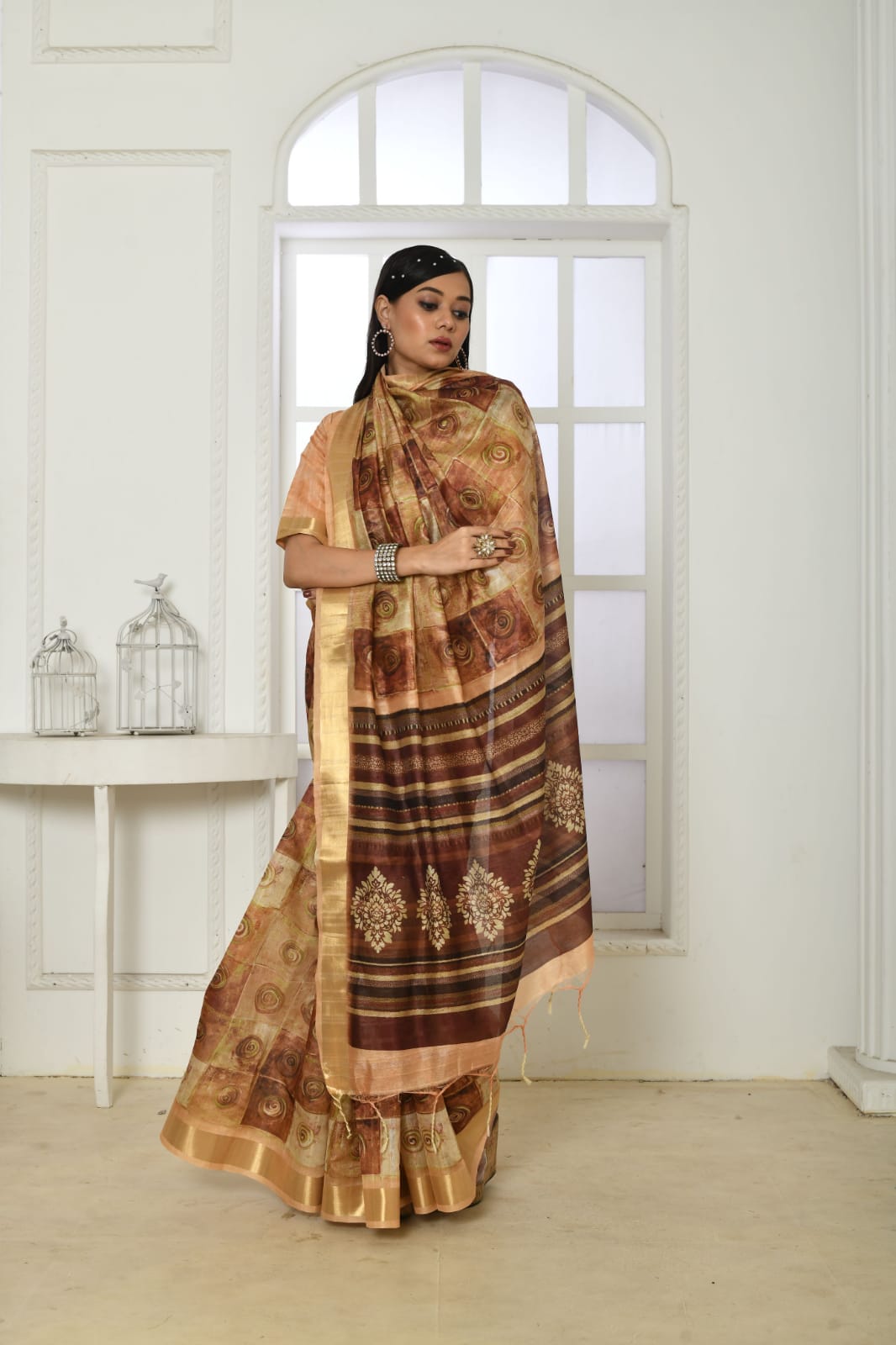 Brown colour tussar silk saree with digital printed work