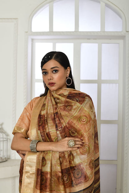 Brown colour tussar silk saree with digital printed work