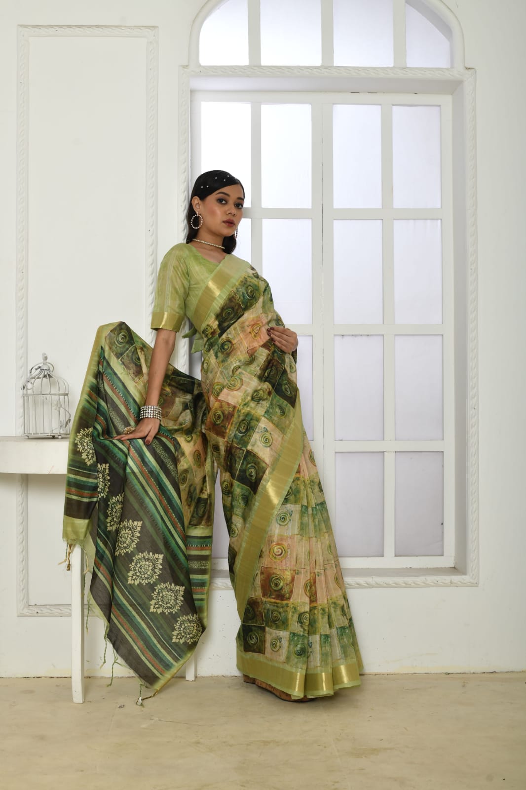 Green colour tussar silk saree with digital printed work