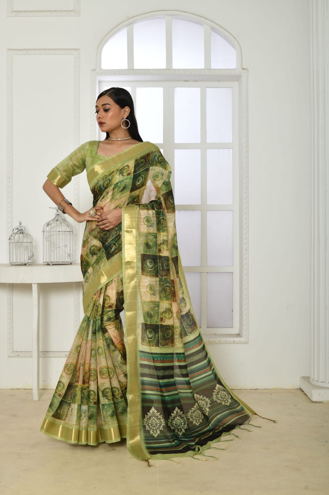 Green colour tussar silk saree with digital printed work