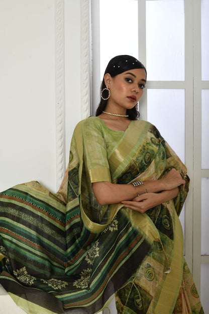 Green colour tussar silk saree with digital printed work