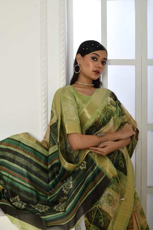 Green colour tussar silk saree with digital printed work