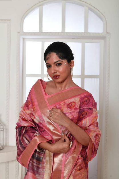 Pink colour tussar silk saree with digital printed work