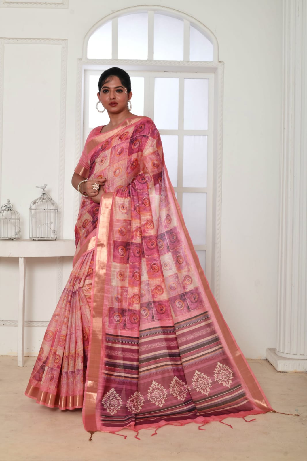 Pink colour tussar silk saree with digital printed work