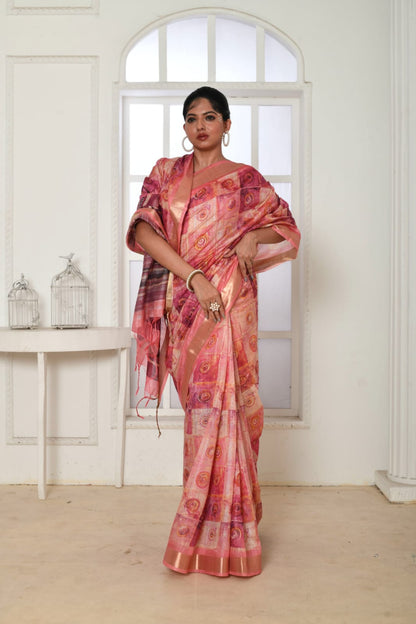 Pink colour tussar silk saree with digital printed work