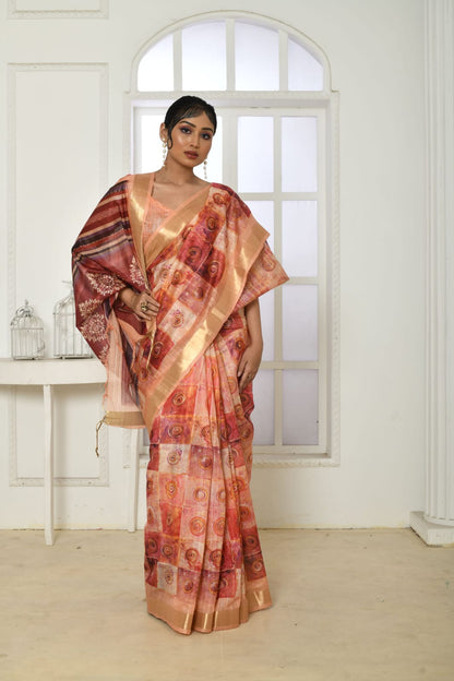 Peach colour tussar silk saree with digital printed work