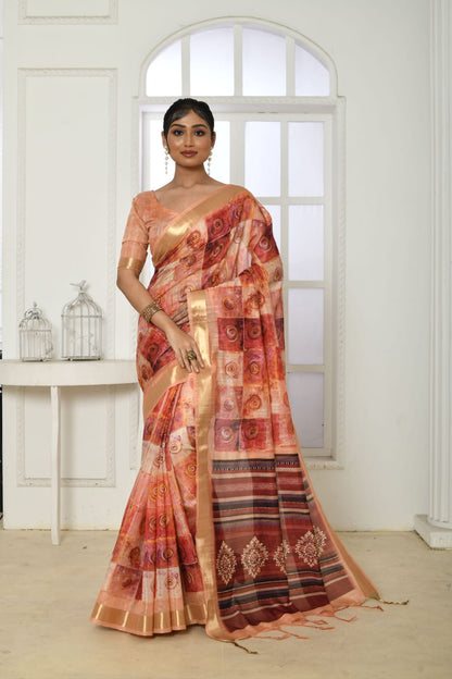 Peach colour tussar silk saree with digital printed work