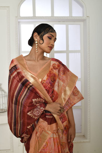 Peach colour tussar silk saree with digital printed work