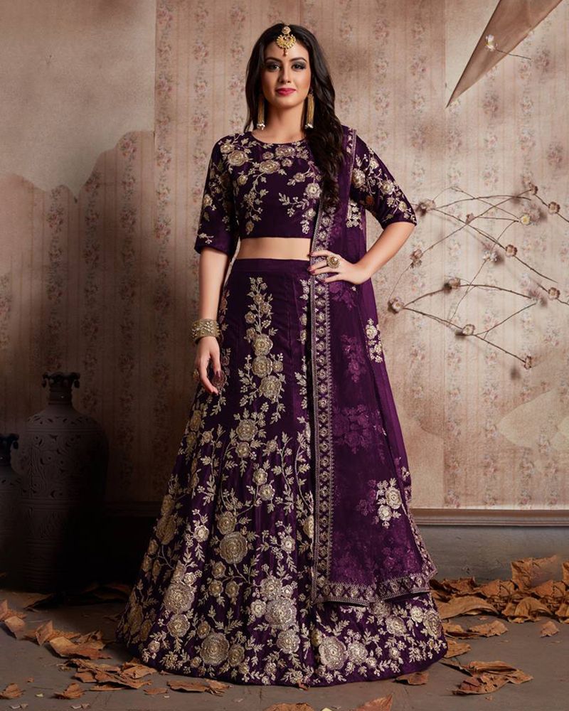 Purple Color Semi-Velvet Bridal Lehenga Choli