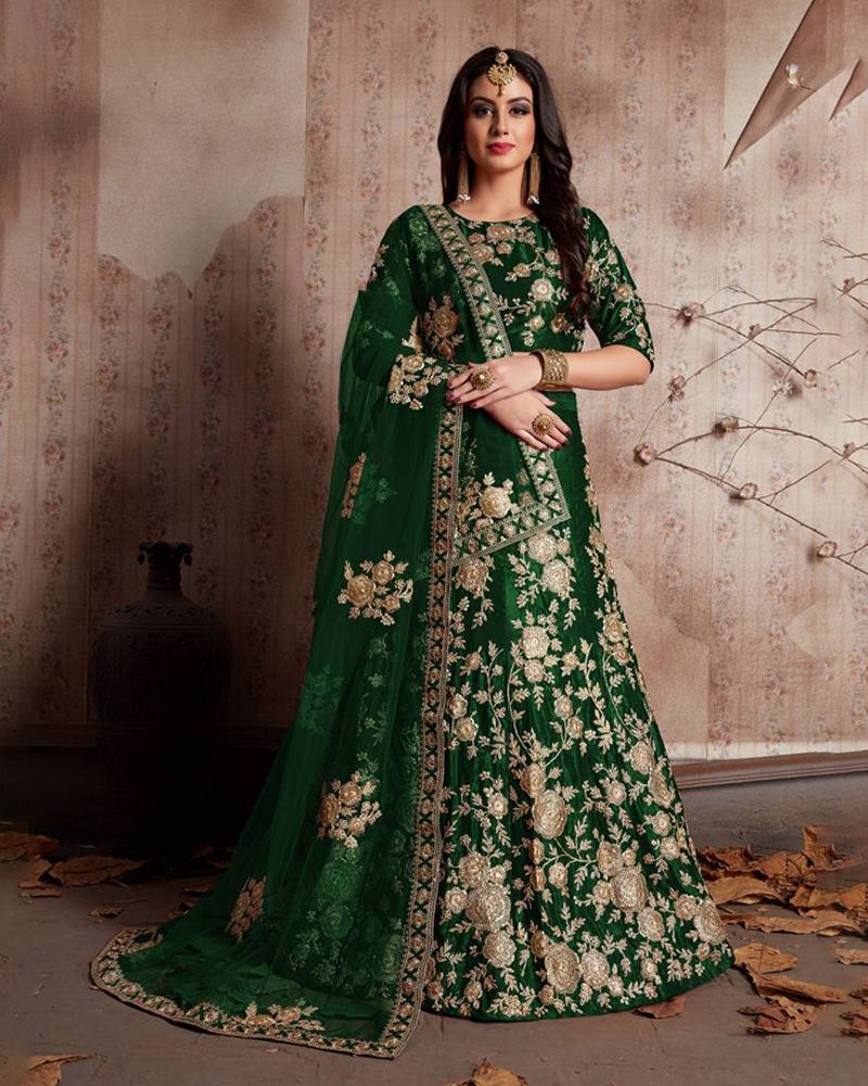 Green Color Semi-Velvet Bridal Lehenga Choli