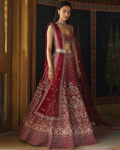 Dark Maroon Coloured Taffeta Silk Embriodered Work Lehenga Choli