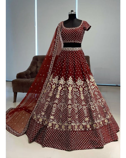 Dark Maroon Coloured Taffeta Silk Embriodered Work Lehenga Choli