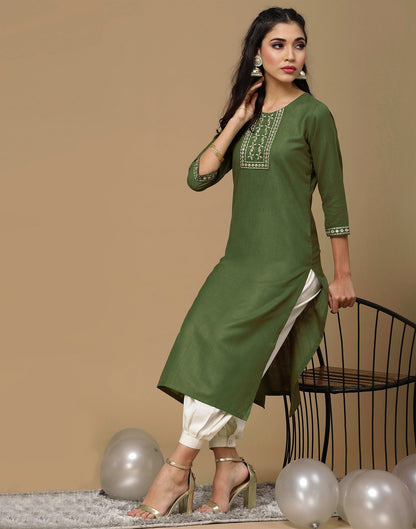 Olive Green Embroidery Cotton Straight Kurta