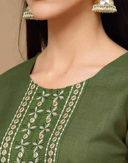 Olive Green Embroidery Cotton Straight Kurta