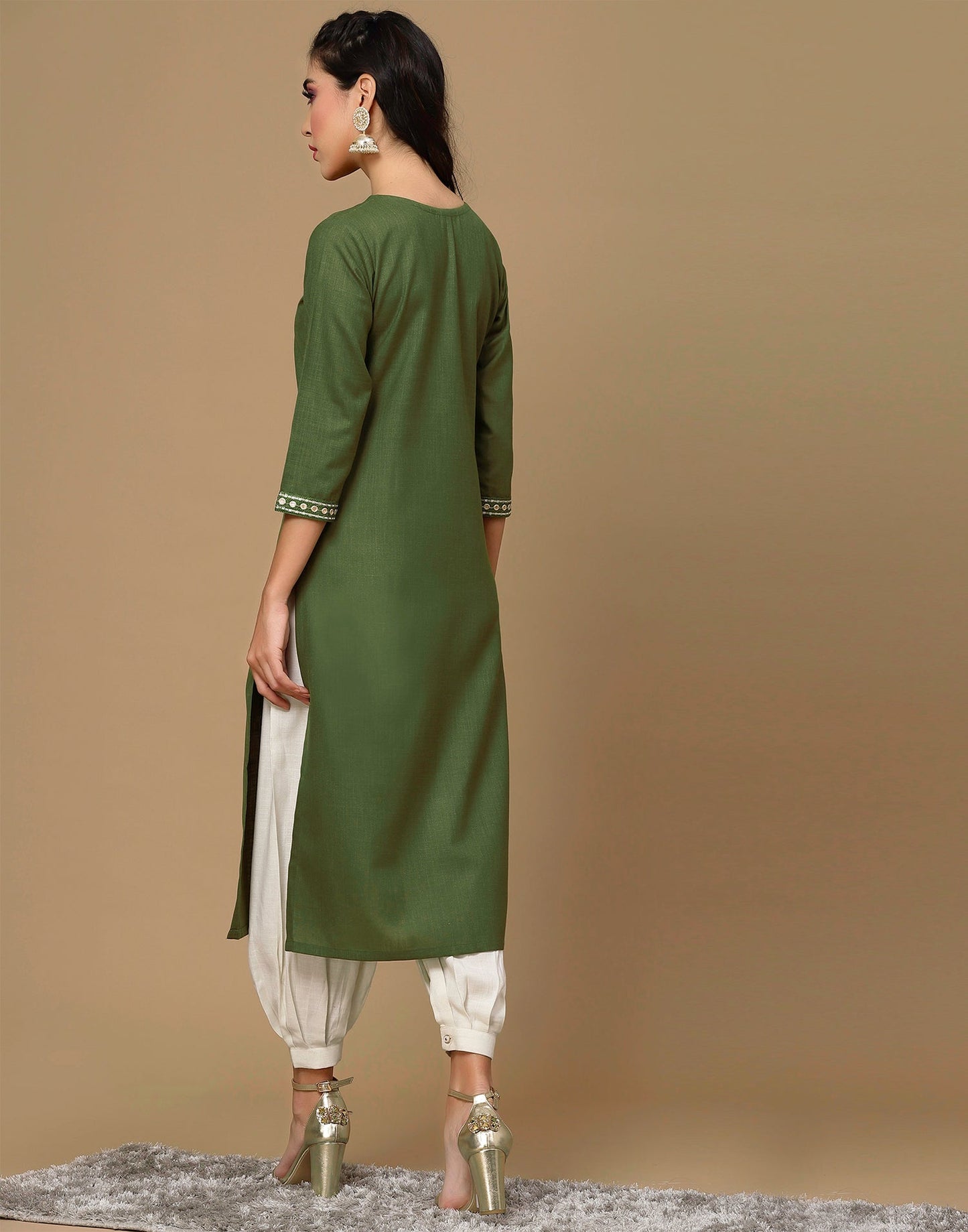 Olive Green Embroidery Cotton Straight Kurta