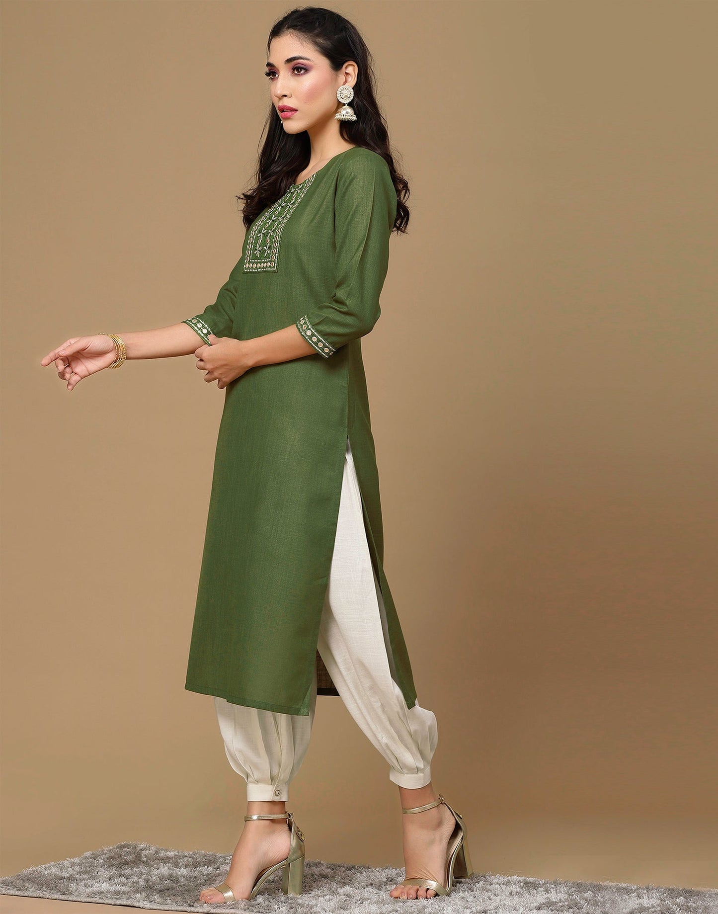 Olive Green Embroidery Cotton Straight Kurta