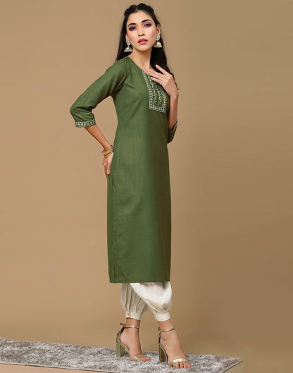 Olive Green Embroidery Cotton Straight Kurta